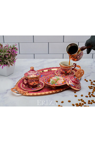 ERİZA 6 Kişilik Işlemeli Bakır Fincan Seti, Takımı ( Tepsi Lokumluk 6 Adet Fi...