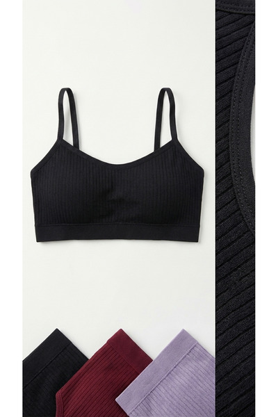 underwear bodyway İp Askılı Fitilli Ribana Büstiyer 3’lü Paket Siyah Bordo Li...