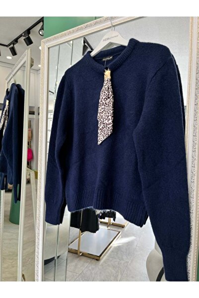 MRM MERAM BUTİK Afi̇tap Scarfed Knitwear Sweater (Size 36-42 Compatible) - Navy Blue - Standard