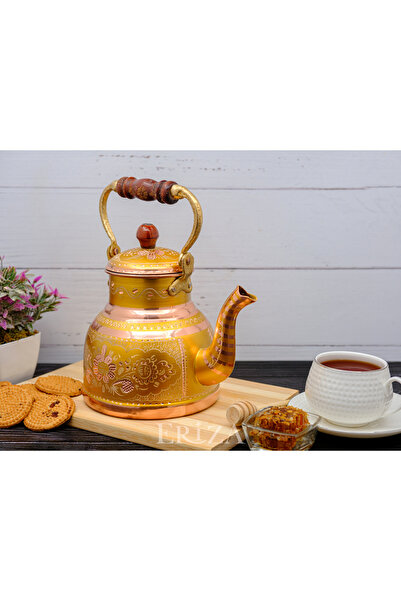 ERİZA إبريق شاي كبير من النحاس المعلب بحجم 1.7 لتر مطرز يدويًا، إبريق شاي، غلاية