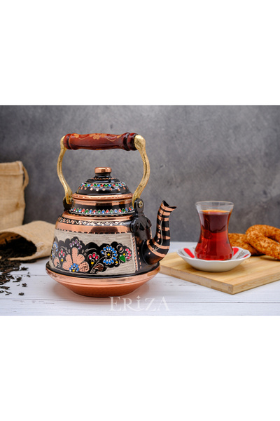 ERİZA 1,6 Litre El Işlemeli Nostaljik Tekli Kalaylı Dövme Bakır Demlik, Çayda...
