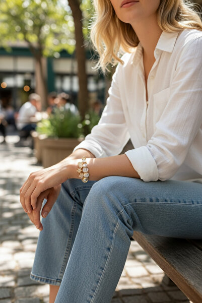 rafiel 316L Çelik Beyaz Zirkon Taşlı Yıldız, Göz ve Yonca Charm Gold Renk Bil...