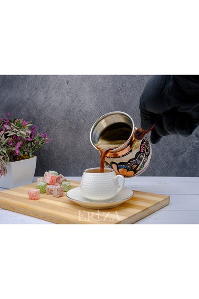 ERİZA Handmade Embroidered Pewter Thick Copper Coffee Pot for 6-7 People