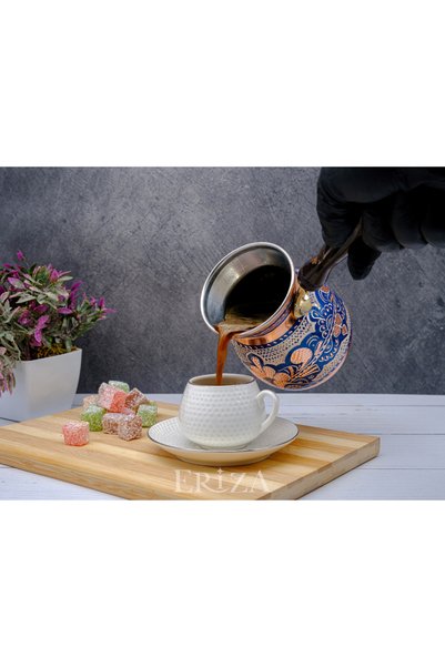 ERİZA Handmade Embroidered Pewter Thick Copper Coffee Pot for 4-5 People