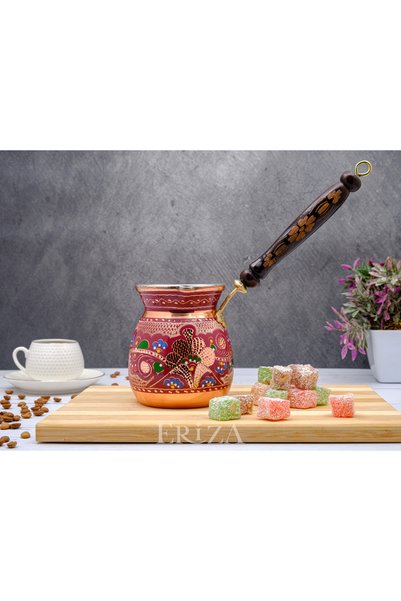 ERİZA 2-3 Person Handmade Embroidered Pewter Thick Copper Coffee Pot