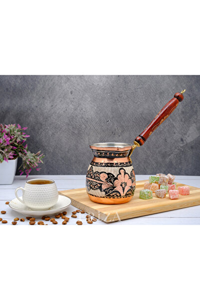 ERİZA Handmade Embroidered Pewter Thick Copper Coffee Pot for 4-5 People