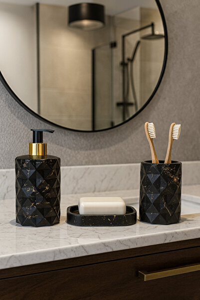 Zigzag Home Set de baie decorativ din 3 piese cu model de marmură, negru auriu, dozator de săpun lichid, dozator de săpun solid, suport pentru periuță de dinți