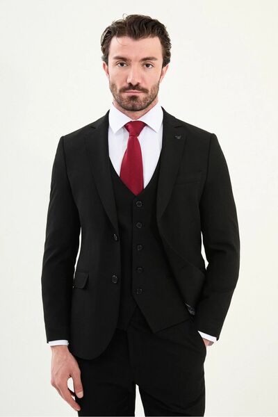 Slim Fit Erkek Mono Yaka Likralı Yelekli Takım Elbise