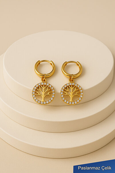 TREND COLLECTİON أقراط نسائية دائرية من الفولاذ على شكل شجرة الحياة الذهبية ا...