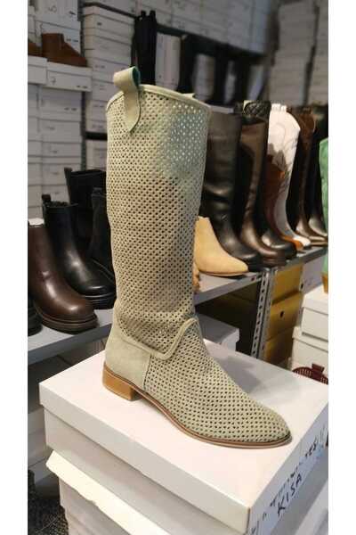 POTEEN Ptn Eliz Cizme de vară pentru femei, cu toc scurt, din piele intoarsa, cu croială gauri, verde apa