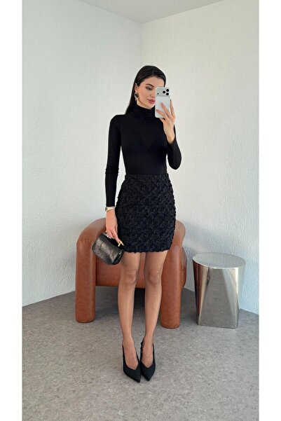 HAZELANNA Çiçek Detaylı Siyah Etek