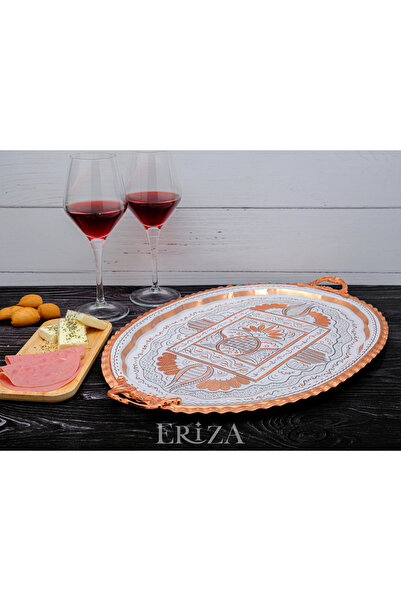 ERİZA 23x34 سم بيضاوي، مطرز، مقبض نحاسي سميك، عرض الشاي والقهوة، صينية تقديم