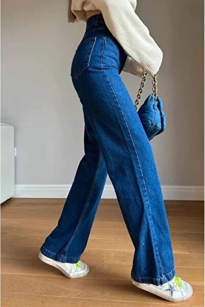 LİMABEL Kadın Mavi Salaş Pantolon Mavi Palazzo Kot Pantolon Wide Leg Mavi Jeans