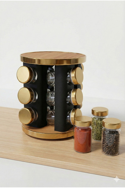 RİVO HOME DECOR Stantlı Dönerli 12'li Baharatlık Seti Döner Standlı Cam Kavan...