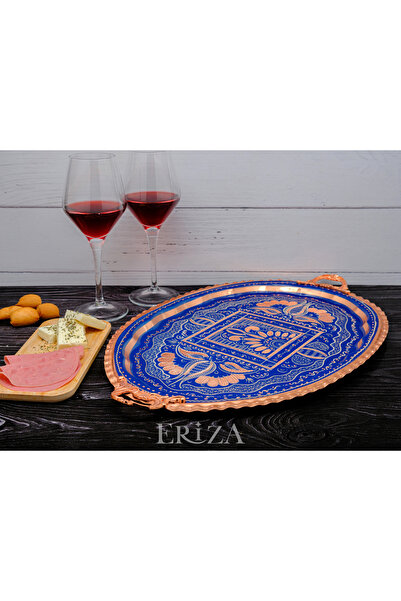 ERİZA 23x34 Cm Oval, Işlemeli, Pirinç Saplı Kalın Bakır Çay Ve Kahve Sunum, Servis Tepsisi
