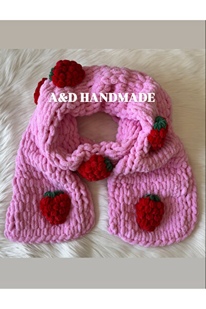 Home Puffy Plush Hand Knitted Women's Scarf>Strawberry Scarf (220*22 cm)