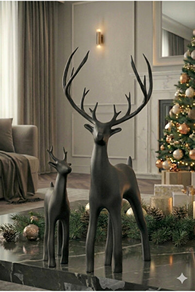 incidesign Ikili Dekoratif Geyik Biblo Obje Sedefli Siyah Renk Yılbaşı Geyiği...