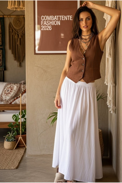 combattente exclusive products Organik Kadın Müslin Kahverengi Yelek - 2026 Düğmeli Yelek Kreasyonu