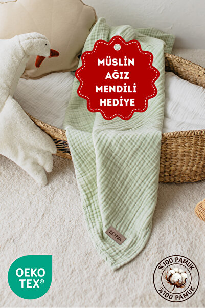 ZEYPBA Suyeşil Kenar Dikişli Müslin Müslin Battaniye 4 Katlı Müslin Bebek & Ç...