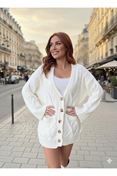 ANBLYs COLLECTION Pearl-Detail Holey Knit Cardigan