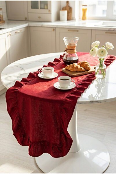 Morlay Natural Red Frilly Linen Runner - 40X110 cm