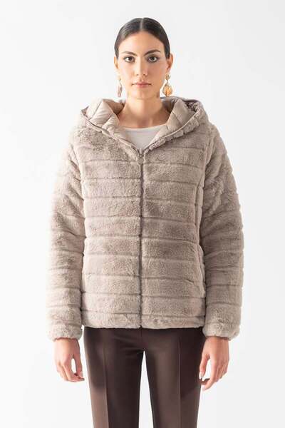 Spazio Ranuccio Çift Taraflı Kapitoneli Peluş Kapüşonlu Mont VİZON