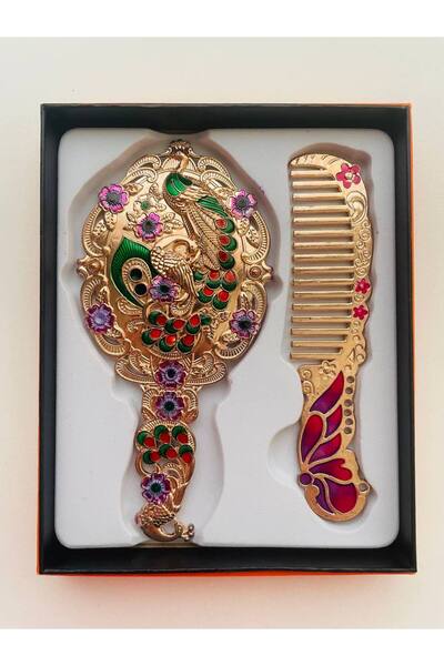 GALATA GIFT Ayna Tarak Seti, Tavuskuşu, Metal,