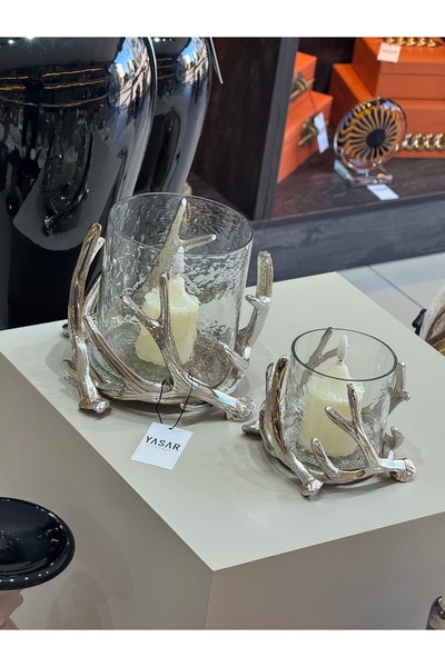 YASAR CONCEPT Antaluce Boynuz Detaylı Mumluk Set Gümüş