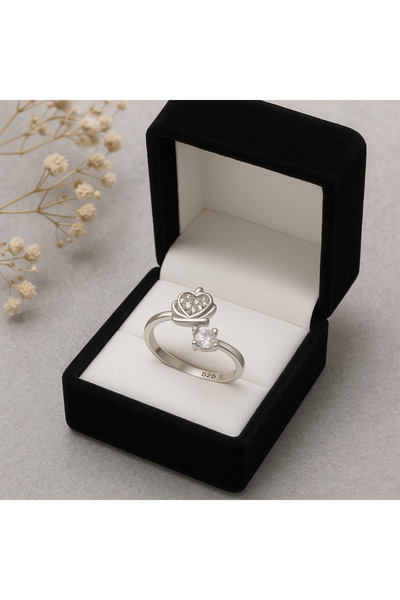 Siset Gümüş 925 Ayar Rodyum Kaplama Kraliçe Tacı Tek Taşlı Kadın Gümüş Yüzük