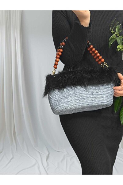 Ömay Tasarım Tress ip ahşap saplı peluş detaylı çanta
