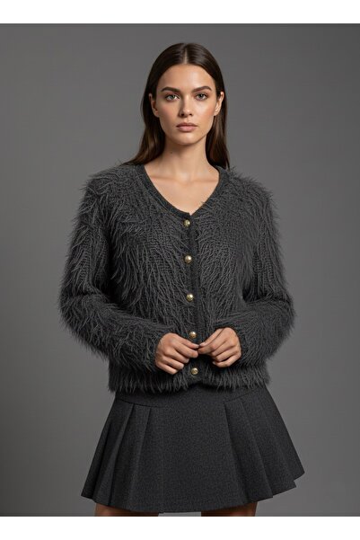 LWL Tüylü Düğmeli Triko Hırka Ceket Pelüş Shaggy