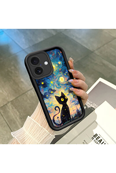 ucuc غطاء هاتف متوافق مع آيفون 16 من السيليكون الأسود بنمط القط يمتص الصدمات