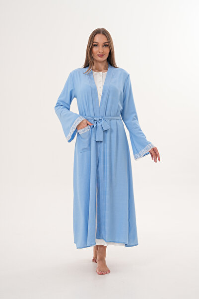 Lohusa Dünyasi Women's Linen Dressing Gown Full Length Flutter Sleeve Special Design Maternity Dressing Gown Nightgown Set