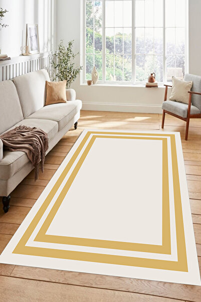 Kessy Home Studio Krem Gold Çizgili Modern Kaymaz Taban Salon Halısı Şık Mini...
