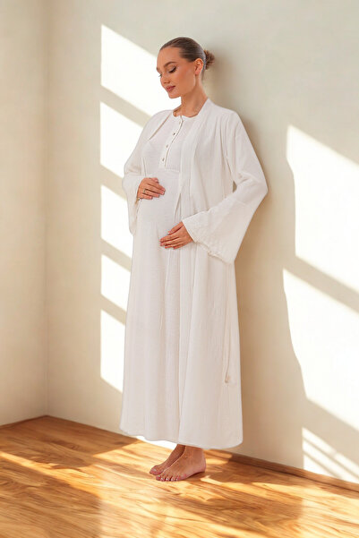 Lohusa Dünyasi Women's Linen Dressing Gown Full Length Flutter Sleeve Special Design Maternity Dressing Gown Nightgown Set