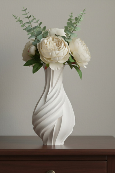 MEK Vază decorativă modernă din plastic cu design spiralat alb (23x12cm)