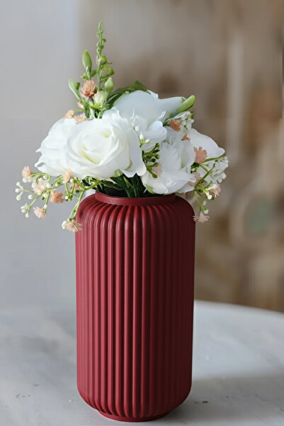 MEK Vază decorativă modernă din plastic cu linie verticală roșie (20x11,5cm)