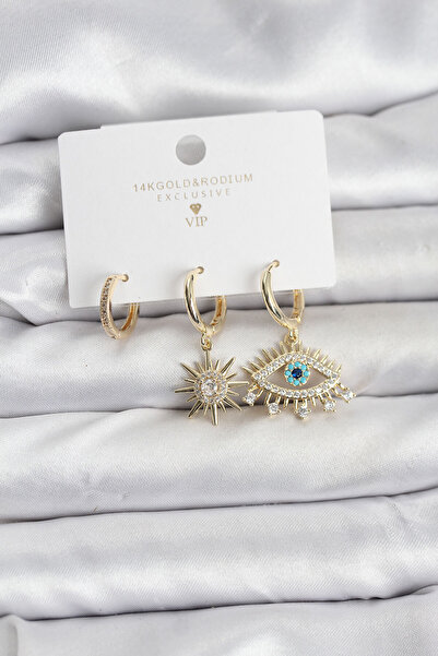 norsary Göz Model Gold Color Brass 3-Piece Women's Earring Set