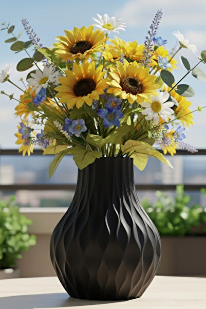 MEK مزهرية بلاستيكية مزخرفة مخططة باللون الأسود (22×17 سم)