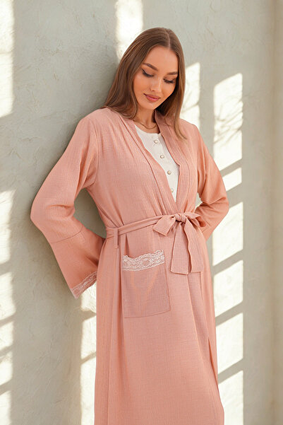 Lohusa Dünyasi Women's Linen Dressing Gown Full Length Flutter Sleeve Special Design Maternity Dressing Gown Nightgown Set