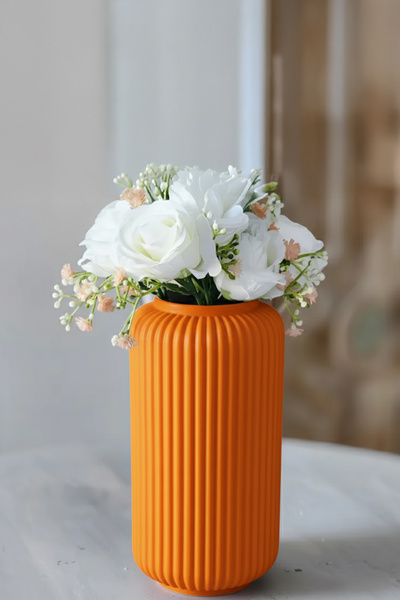 MEK مزهرية بلاستيكية حديثة مزخرفة بخطوط عمودية برتقالية (20×11.5 سم)