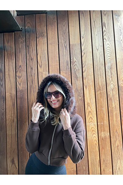 AÈC PRIVÈ Kadın Yeni Sezon Şapkalı Kürk Sweat