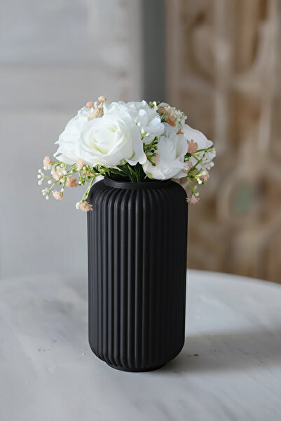 MEK Vază decorativă modernă din plastic cu linie verticală neagră (20x11,5cm)