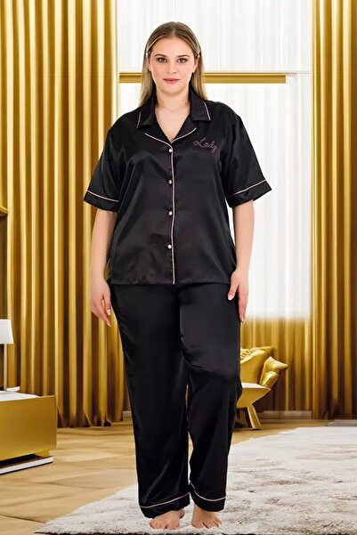 lidofya Button-down black satin plus size satin pajama set