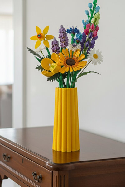 MEK İnce Form Dikey Hatlı Dekoratif Plastik Vazo Sarı (22x10cm)