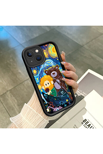 ucuc iPhone 13 Uyumlu Siyah Silikon Van Gogh Yıldızlı Gece Desenli Kaymaz Tel...