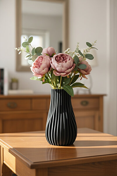 MEK Извита линия с текстура, модерна декоративна пластмасова ваза, черна (23x...