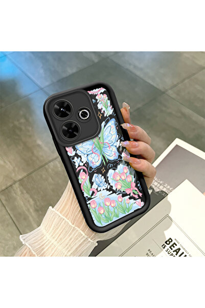 ucuc حافظة هاتف Xiaomi Redmi 13 متوافقة مع السيليكون الأسود بنمط الزنبق والفر...