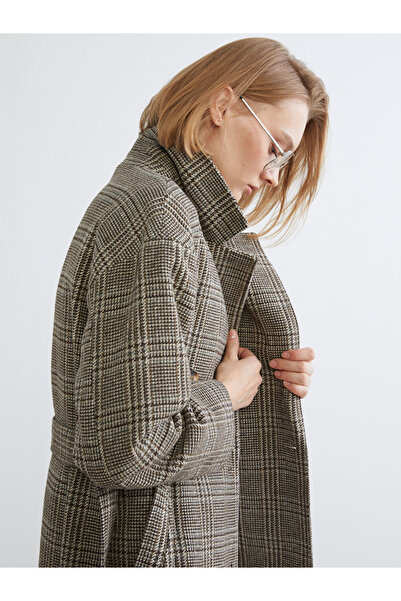 LC Waikiki Mg trenden brown Double-Breasted collar plaid women's stamp coat