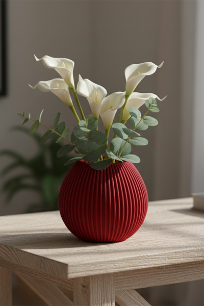 MEK مزهرية بلاستيكية مزخرفة بخطوط بسيطة باللون الأحمر (12×13 سم)